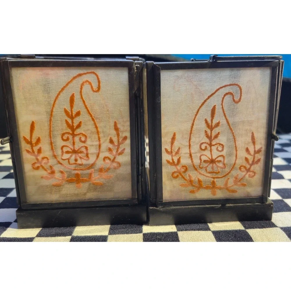 Vintage Boho‎ Metal Glass Paisley Embroidered Tea Light Lanterns Set of 2 Black